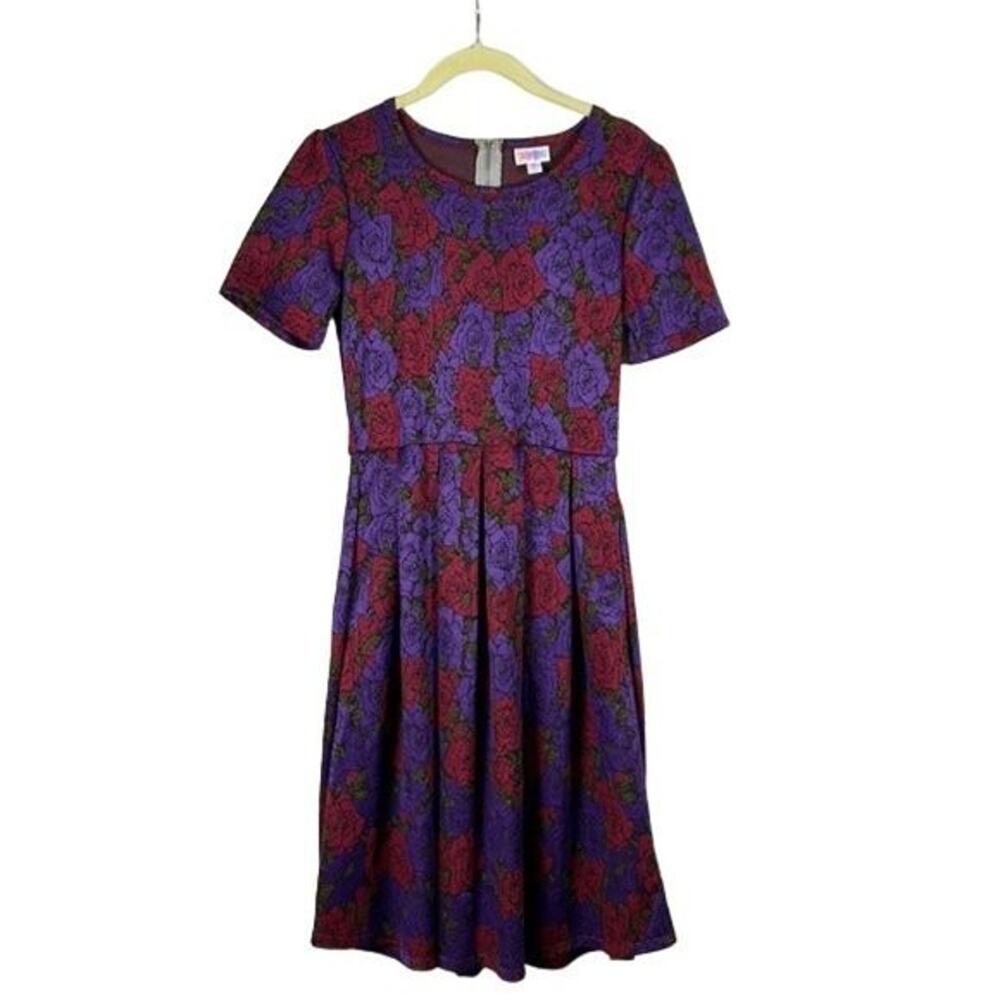 S Dress Grunge Cottagecore Romantic Purple Roses Flare Pockets LuLaRoe Amelia
